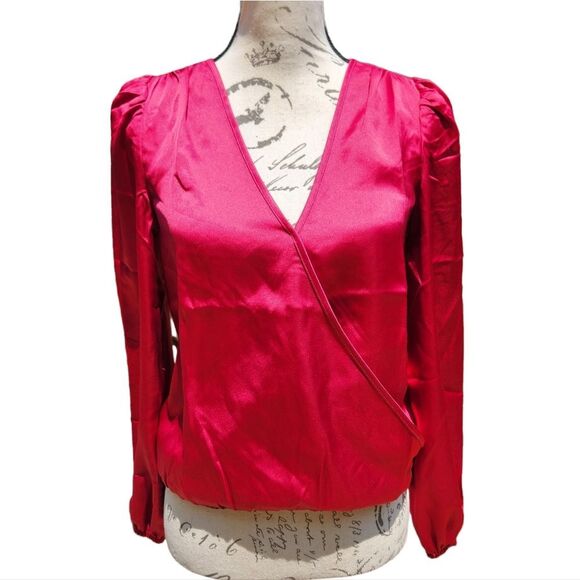 Sincerely Jules‎ -523 Faux Wrap Long Sleeve Fuchsia Hibiscus Top Blouse NWT XS - Picture 1 of 9